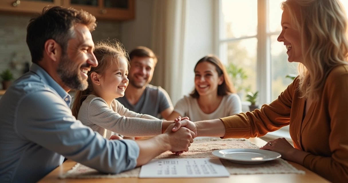 Padre e hija sonriendo mientras se dan la mano 