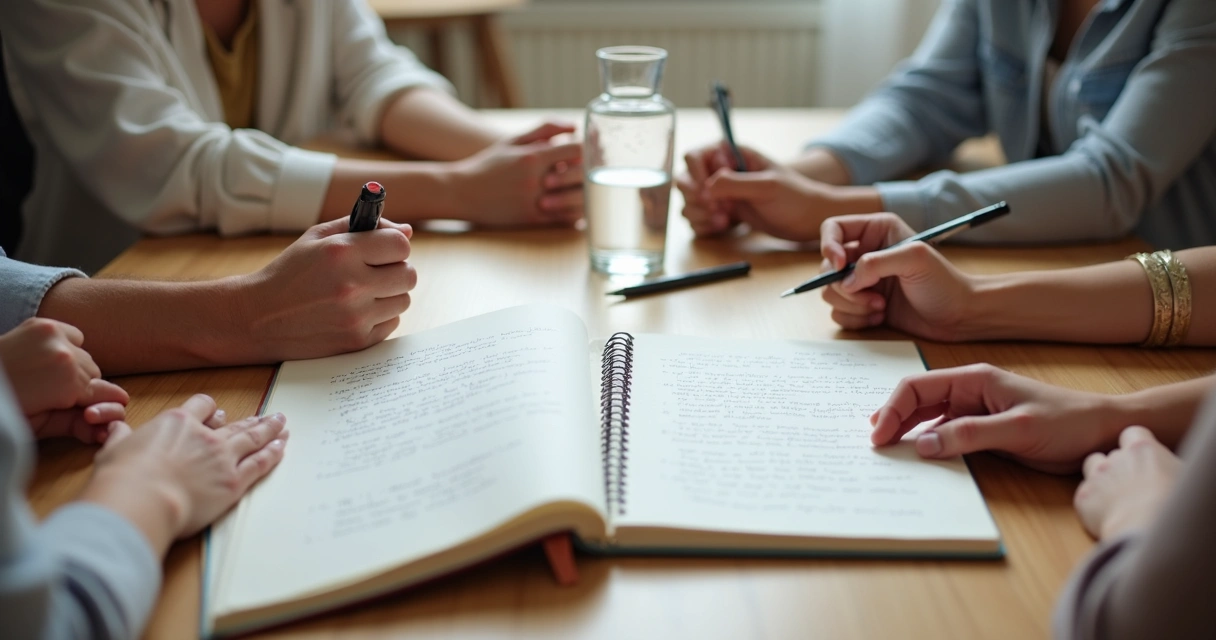 Manos de varias personas junto a un cuaderno con acuerdos familiares escritos