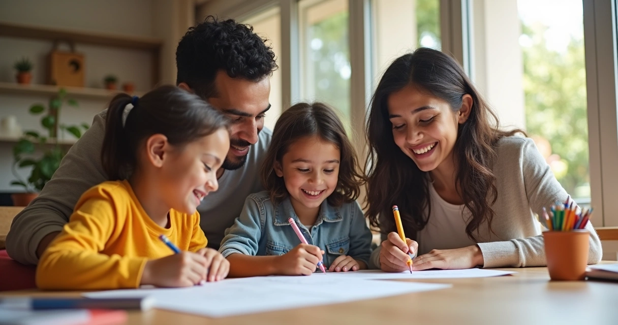 Familia sentada alrededor de la mesa firmando acuerdos escritos 