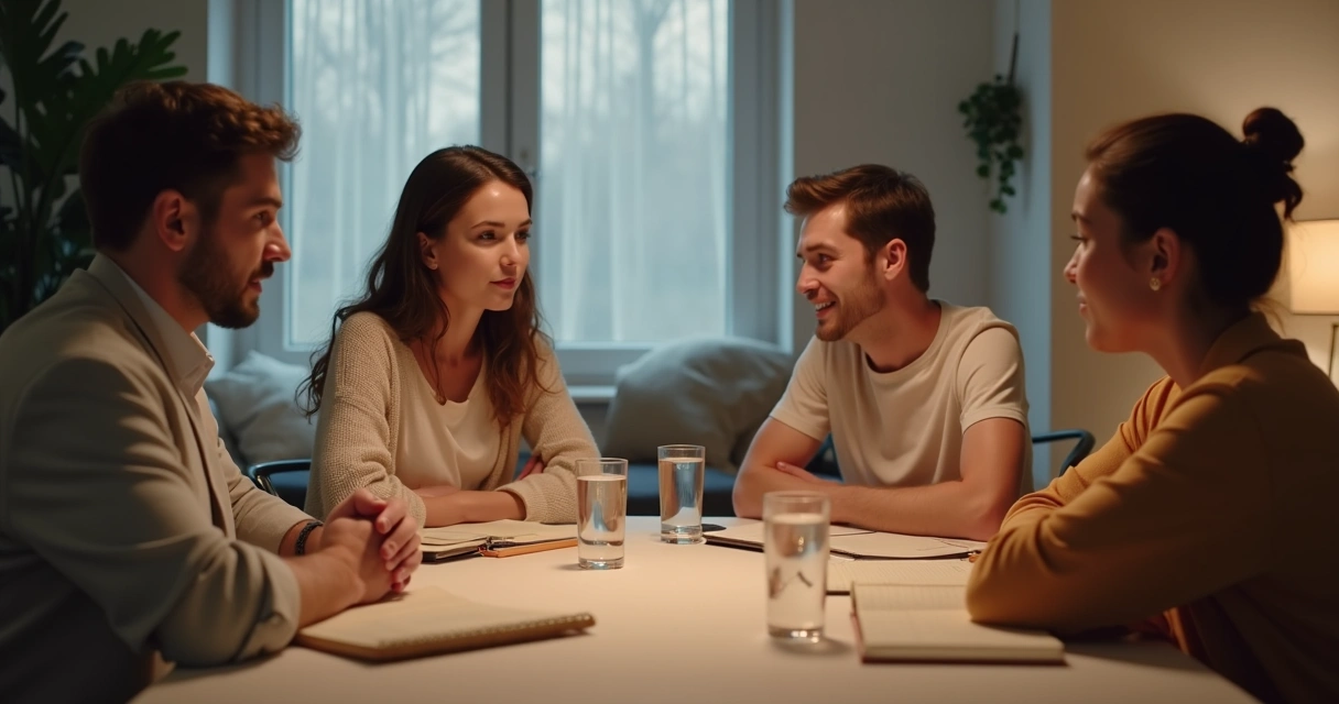 Familia conversando con cuaderno y vasos de agua 