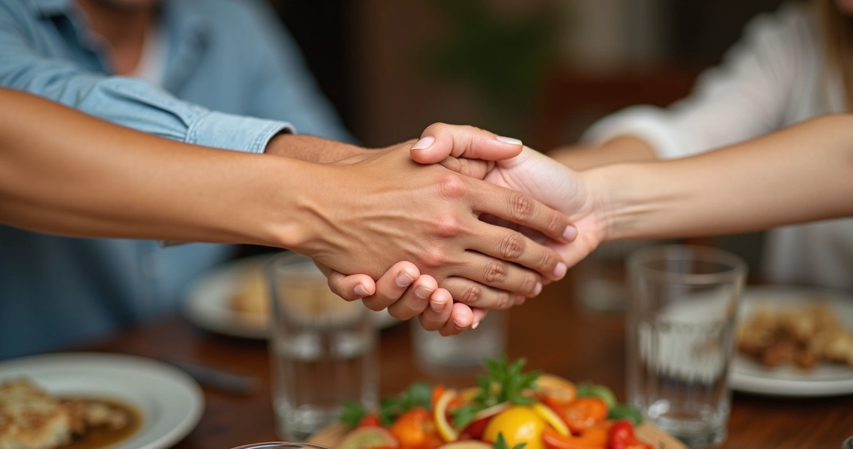 Manos de familia unidas sobre mesa de madera 