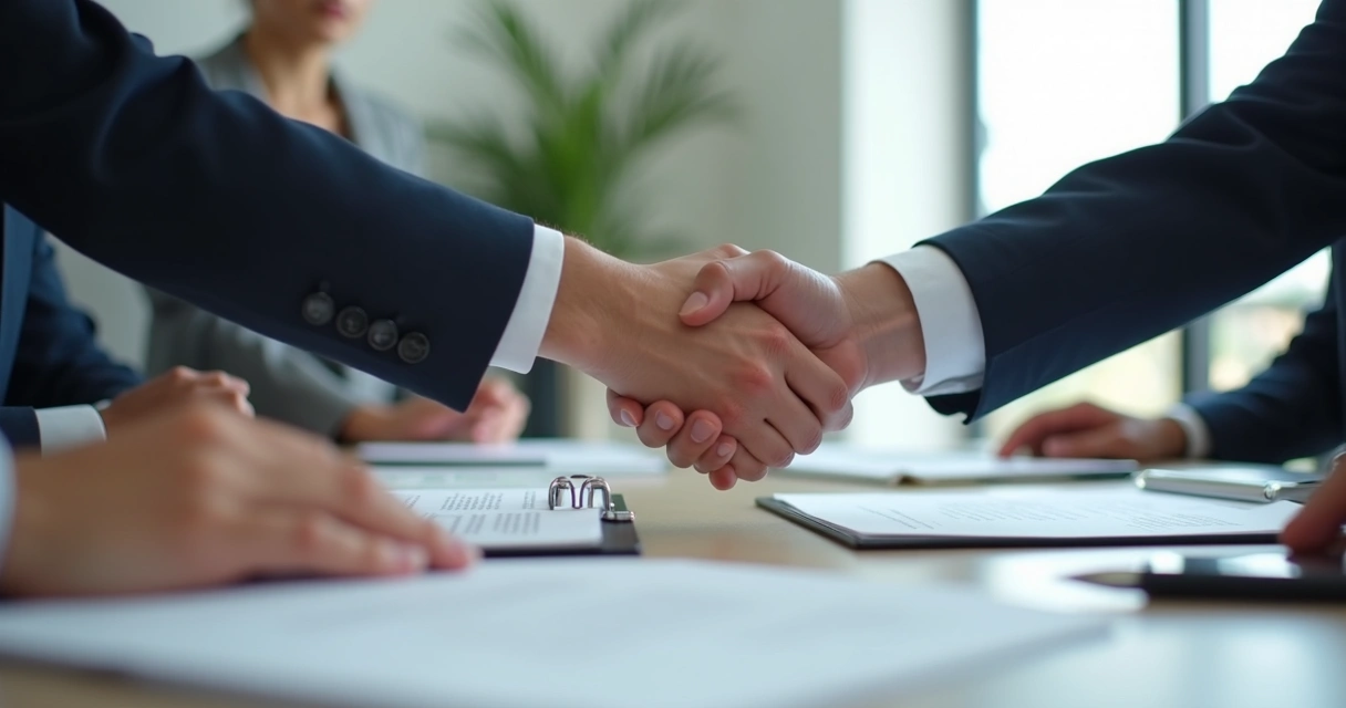 Manos firmando un acuerdo sobre una mesa en oficina moderna