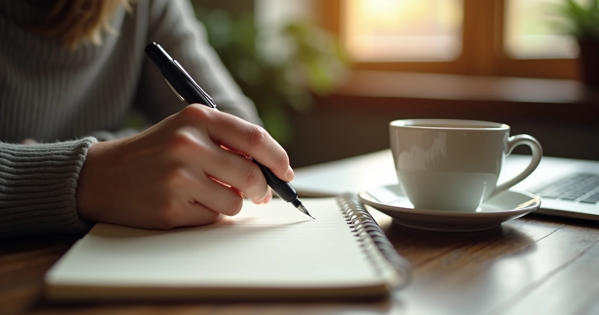 Persona escribiendo en un cuaderno sus compromisos para nuevos hábitos 