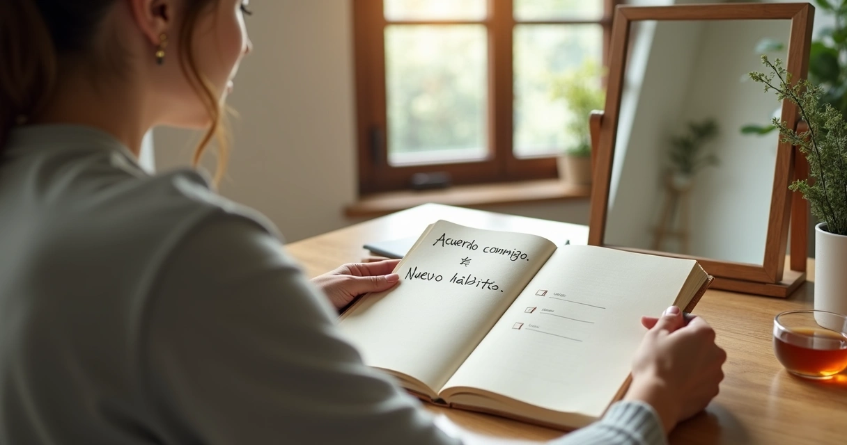 Persona escribiendo acuerdos internos en una libreta frente a su reflejo en un espejo 