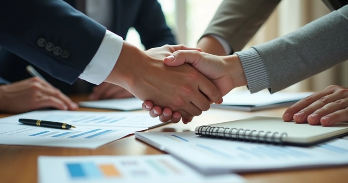 Manos de un equipo sellando un acuerdo sobre una mesa de trabajo