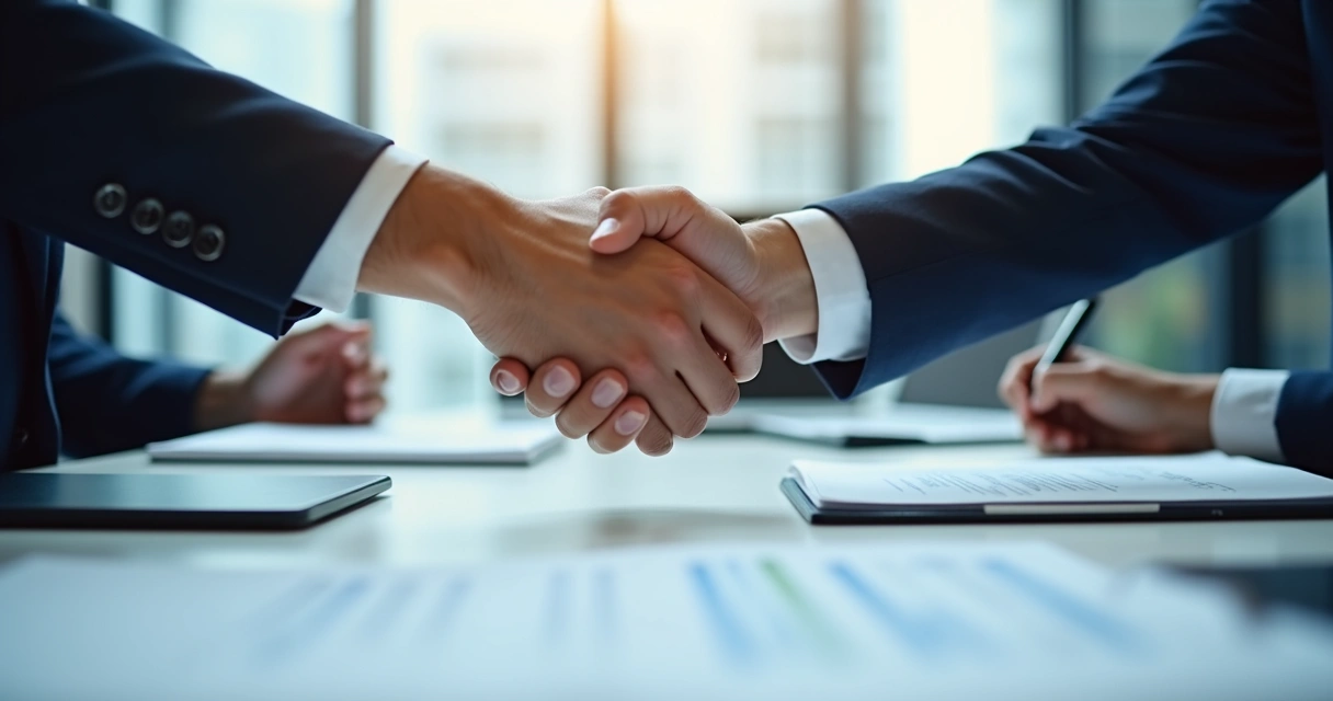 Manos de dos personas cerrando un acuerdo en oficina 