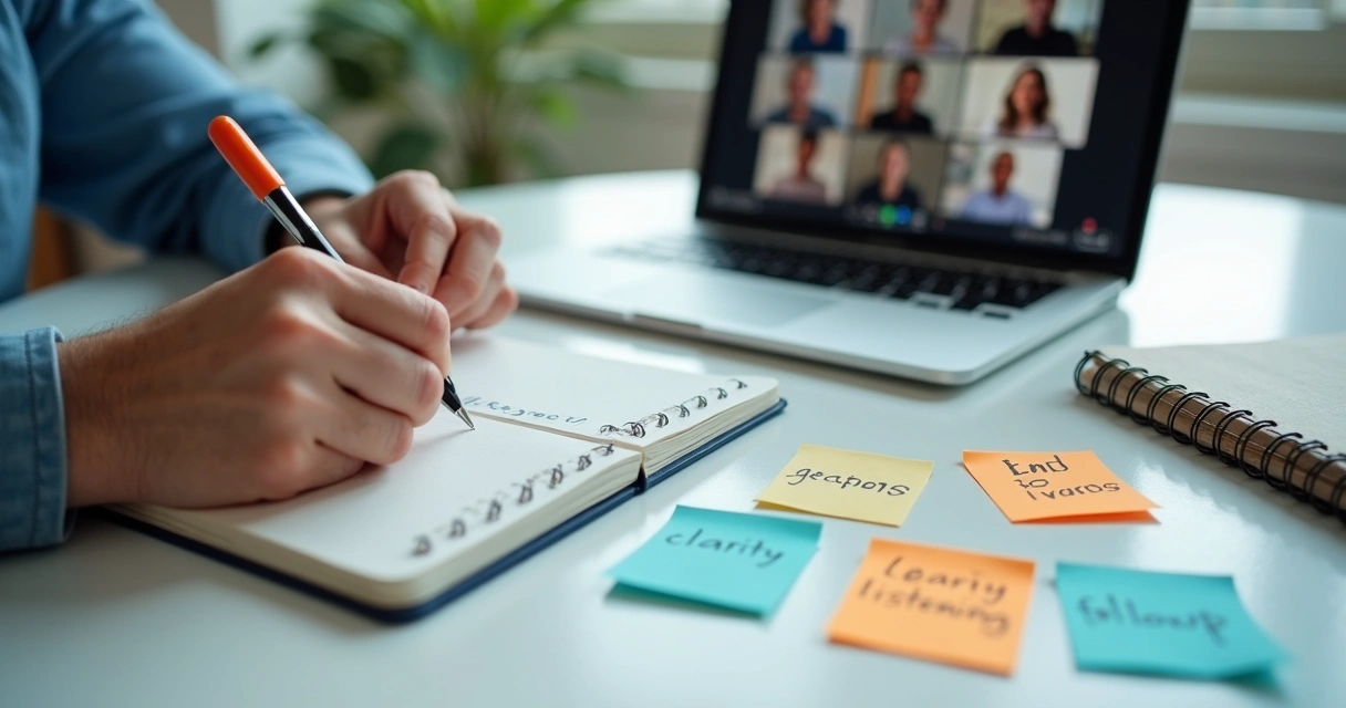 Manos escribiendo acuerdos de equipo junto a videollamada en pantalla