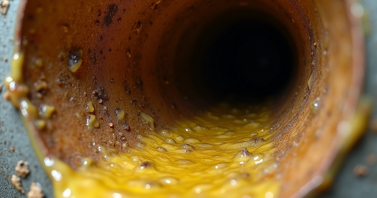 Interior de um cano de cozinha comercial mostra gordura e resíduos acumulados 