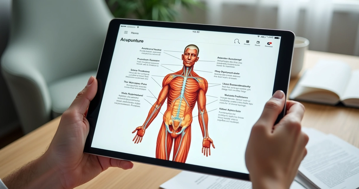 Tablet mostrando aplicativo de acupuntura, mapas coloridos e informações detalhadas sobre pontos. 
