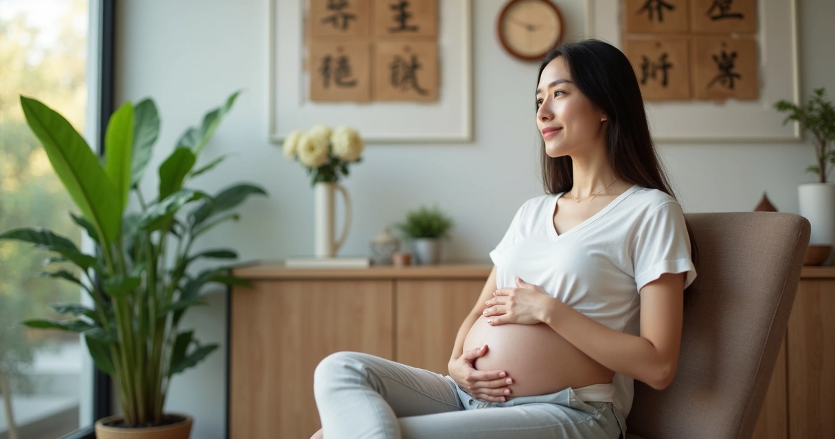 Gestante sentada em ambiente de recepção para acupuntura 