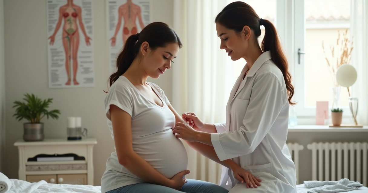 Sessão de acupuntura para gestante com profissional aplicando pontos no braço 