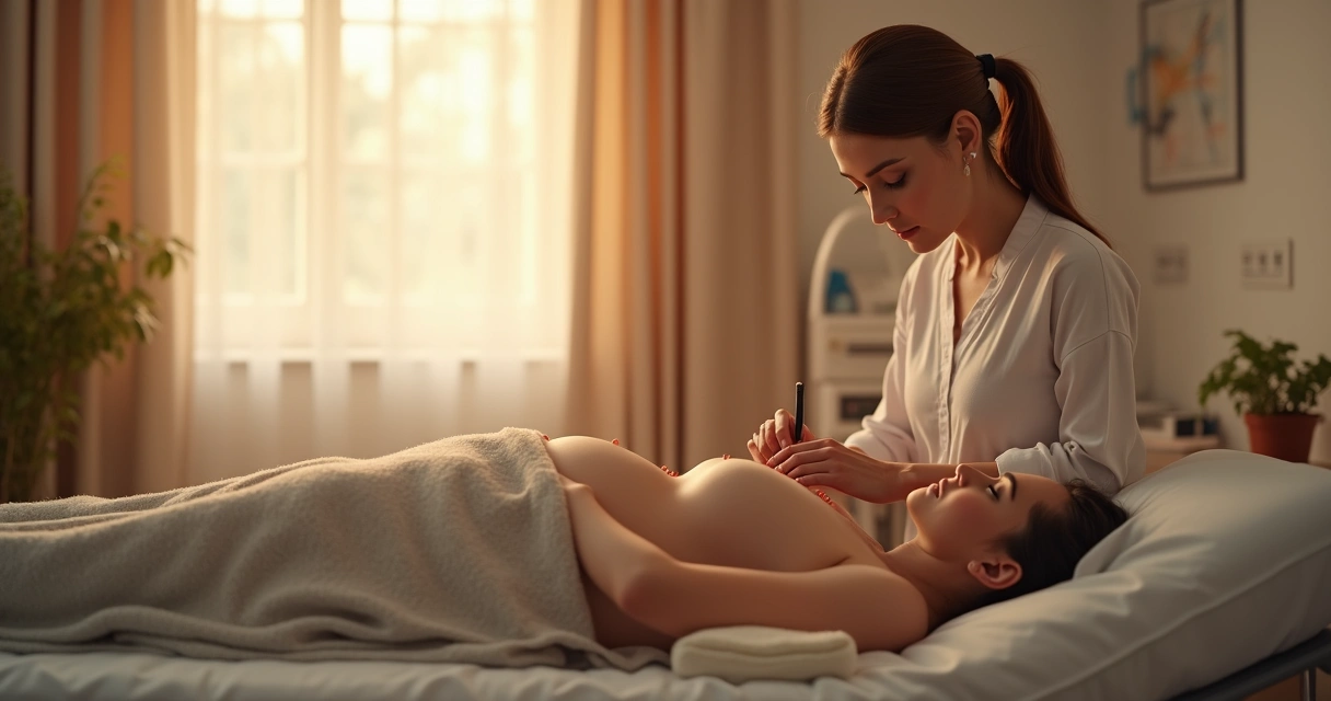 Profissional aplicando acupuntura em gestante em consultório hospitalar 
