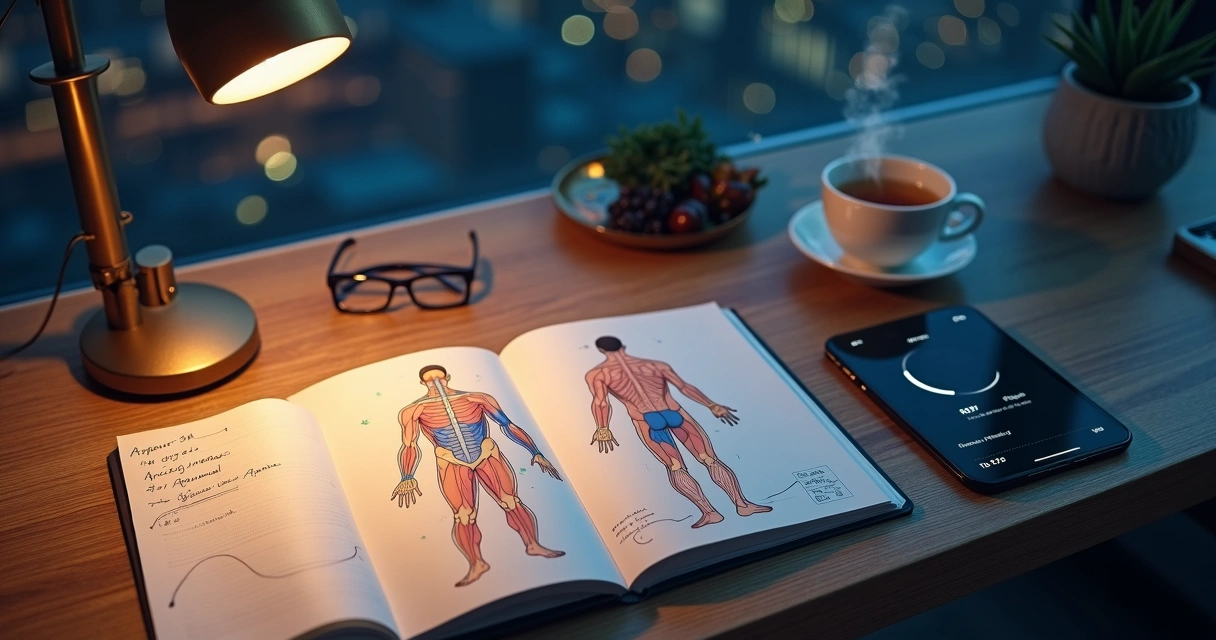 Mesa com atlas de acupuntura aberto ao lado de aplicativos de sono e notas de sintomas 