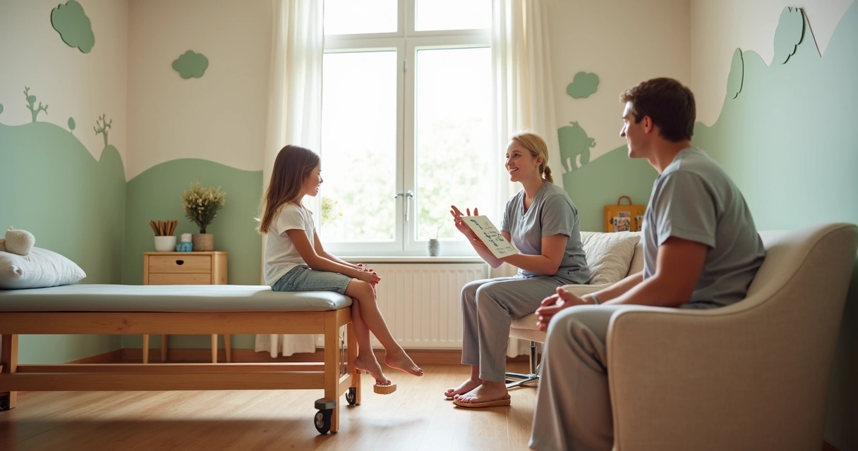 Criança em clínica brincando enquanto profissional explica acupuntura aos pais 