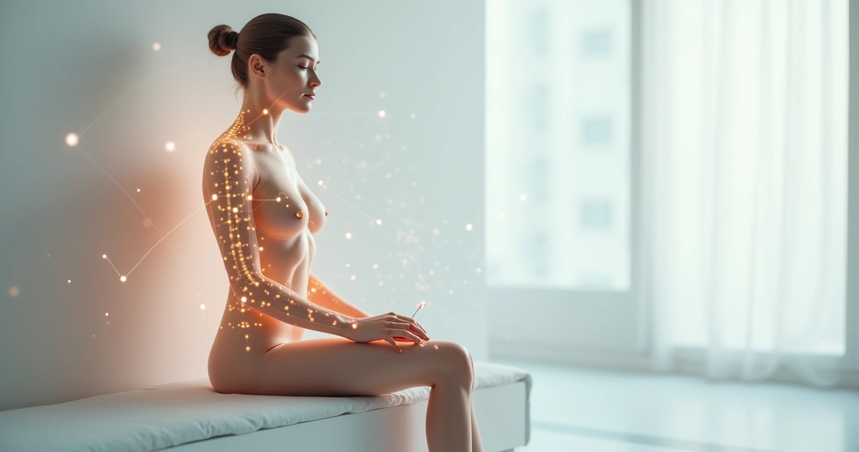 Ilustração detalhada de corpo humano com pontos de acupuntura e destaque para dores crônicas 
