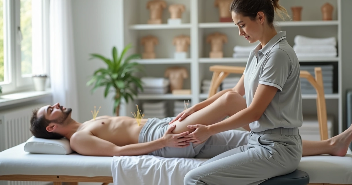 Fisioterapeuta integra mobilização de joelho com agulhas de acupuntura em ambiente de reabilitação 