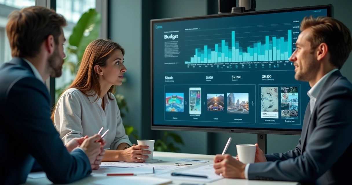 Digital ad team reviewing cost savings dashboard