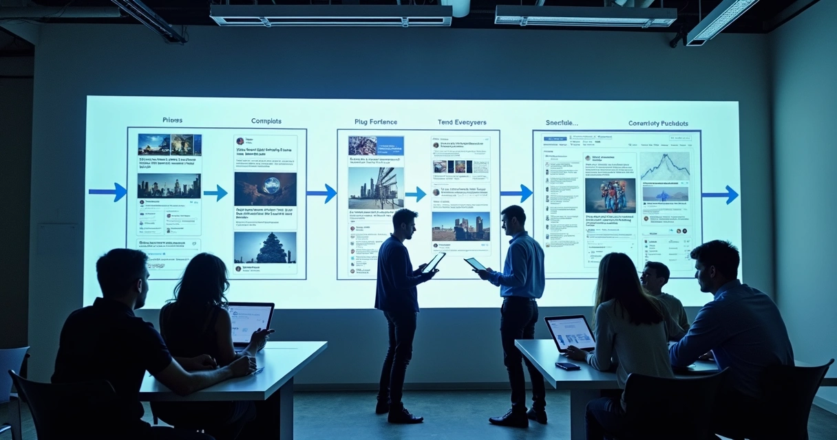 Process flow diagram showing Facebook ad creative refresh cycle, digital screens updating. 