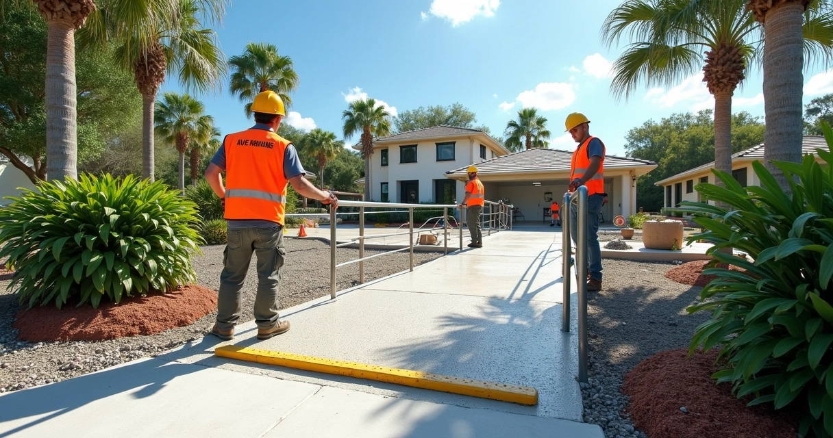 Workers building concrete ADA ramp with handrails 