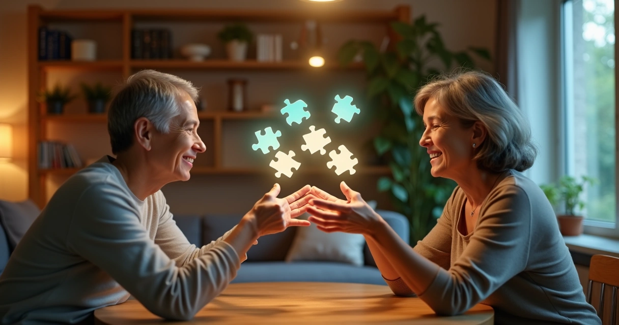 Dois colegas ajustando peças de um quebra-cabeça luminoso no ar 