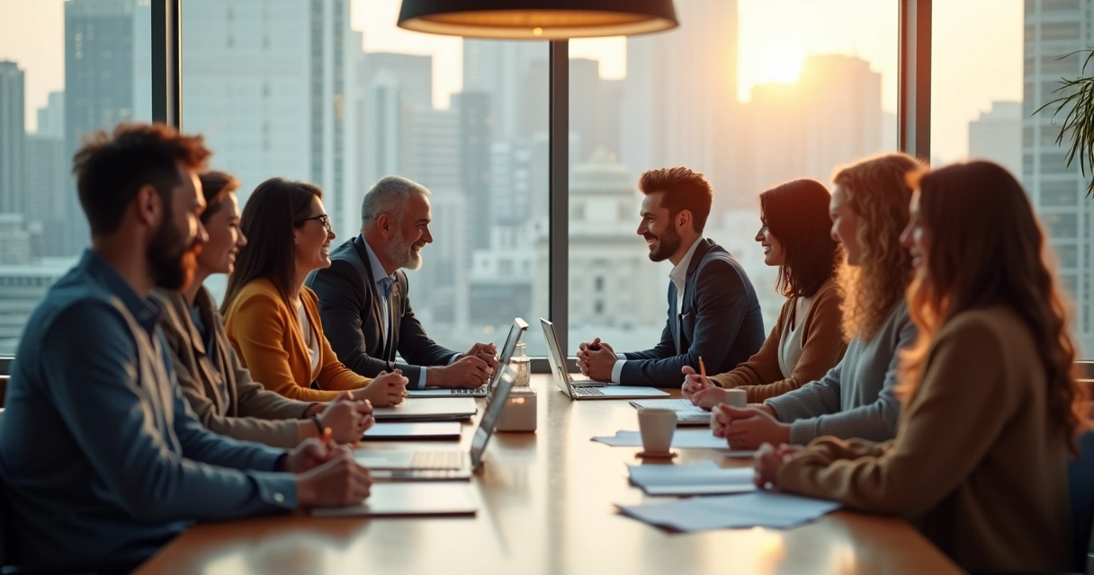 Pessoas de diferentes nacionalidades conversando em uma mesa em ambiente moderno