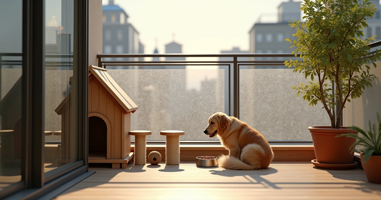 Área de apartamento adaptada com tela de proteção e brinquedos para pets 
