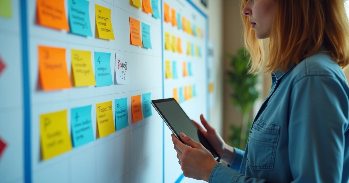 Profissional ajustando quadros e notas em mural de calendário de conteúdo. 