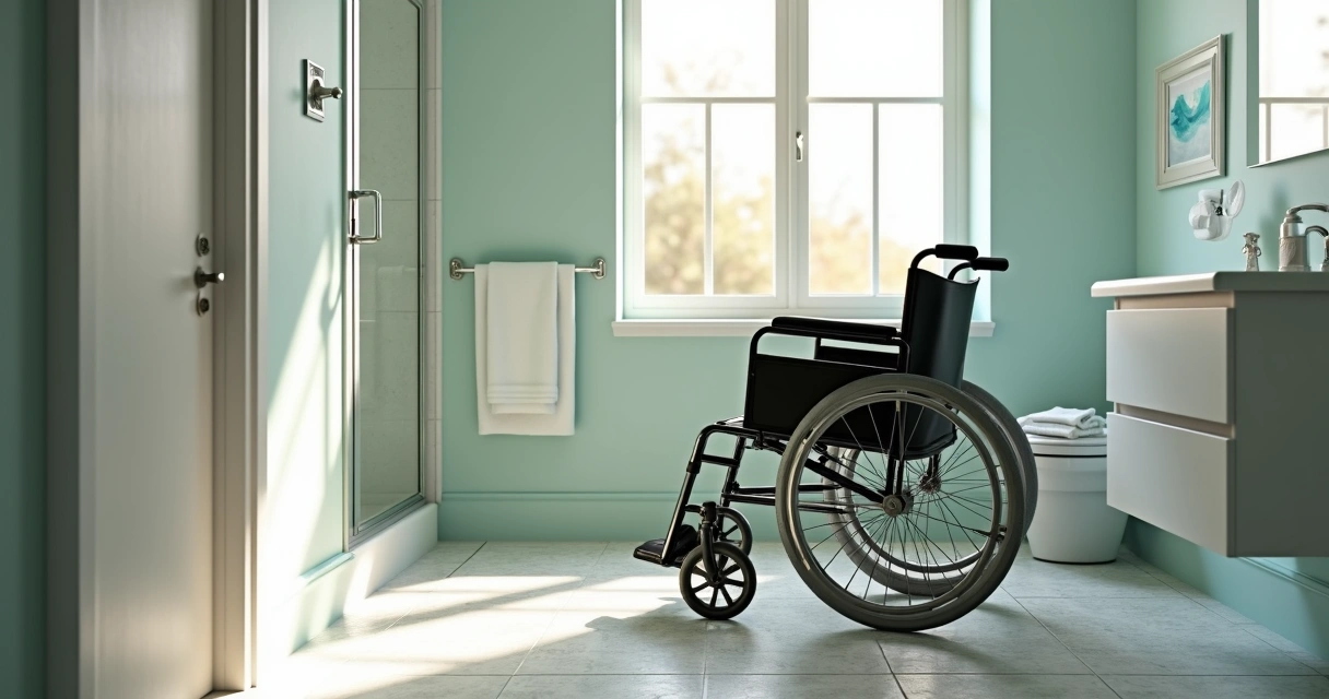 Banheiro adaptado com barras e cadeira de rodas para pessoa com câncer 