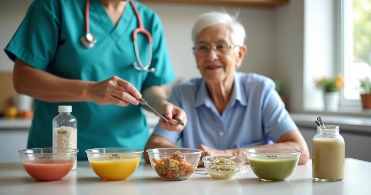 Profissional de saúde preparando alimentos com diferentes consistências IDDSI para idoso 