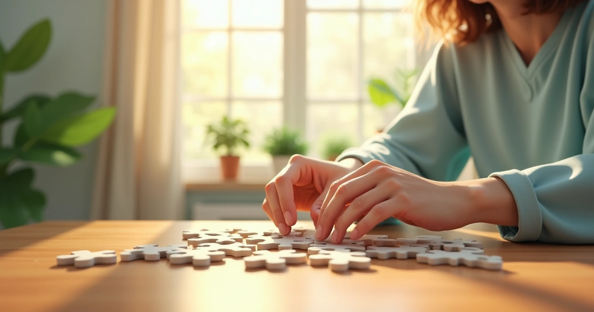 Pessoa ajustando peças de um quebra-cabeça em tons suaves