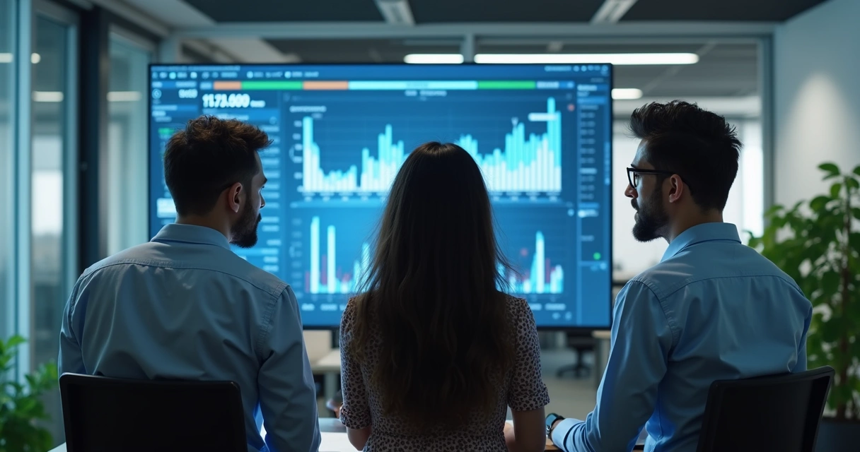 Colaboradores de diferentes setores analisando gráficos em sala moderna 