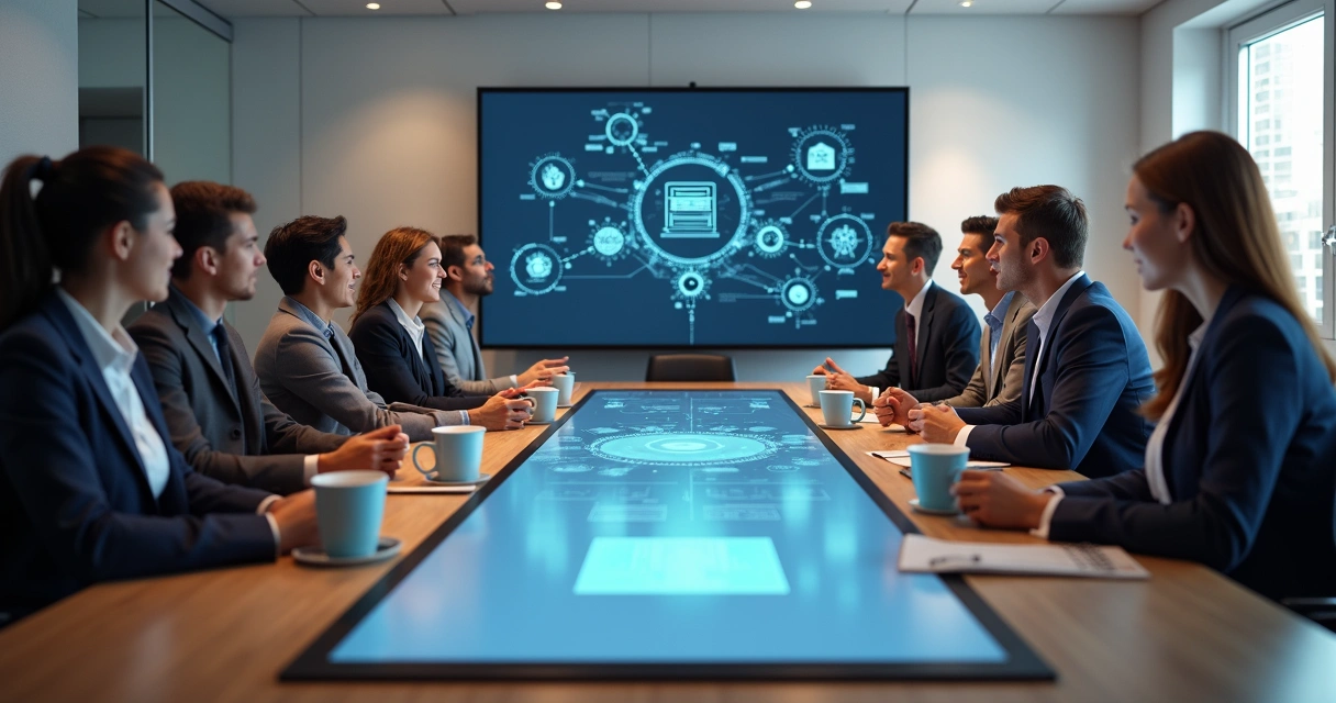 Grupo de profissionais discutindo adaptação a novo software de IA 