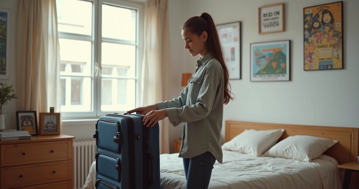 Estudante arrumando malas em quarto de homestay 