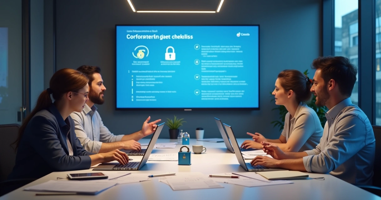 Equipe de pequena empresa revisando documentos de adequação LGPD 