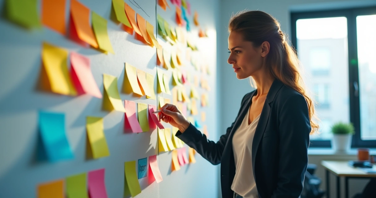 Profissional ajustando post-its em mural de tarefas 