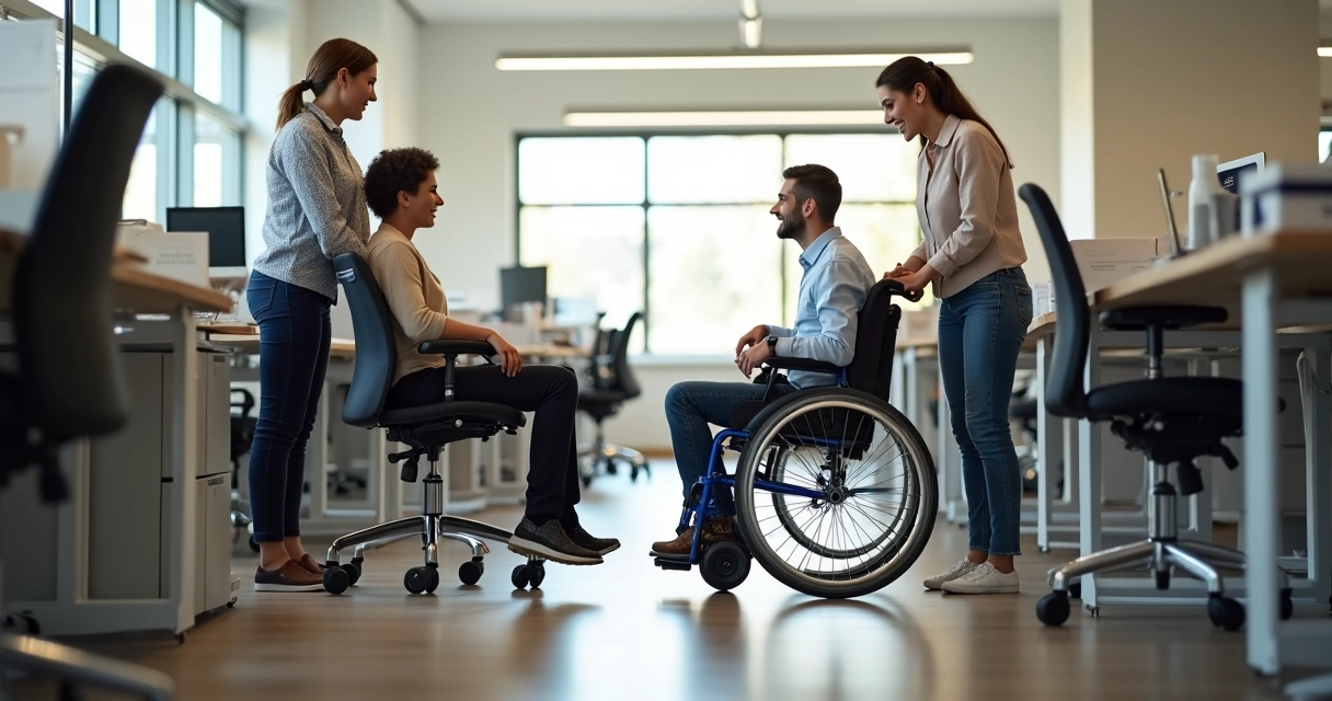 Equipe ajustando ambiente de trabalho para funcionário com mobilidade reduzida 