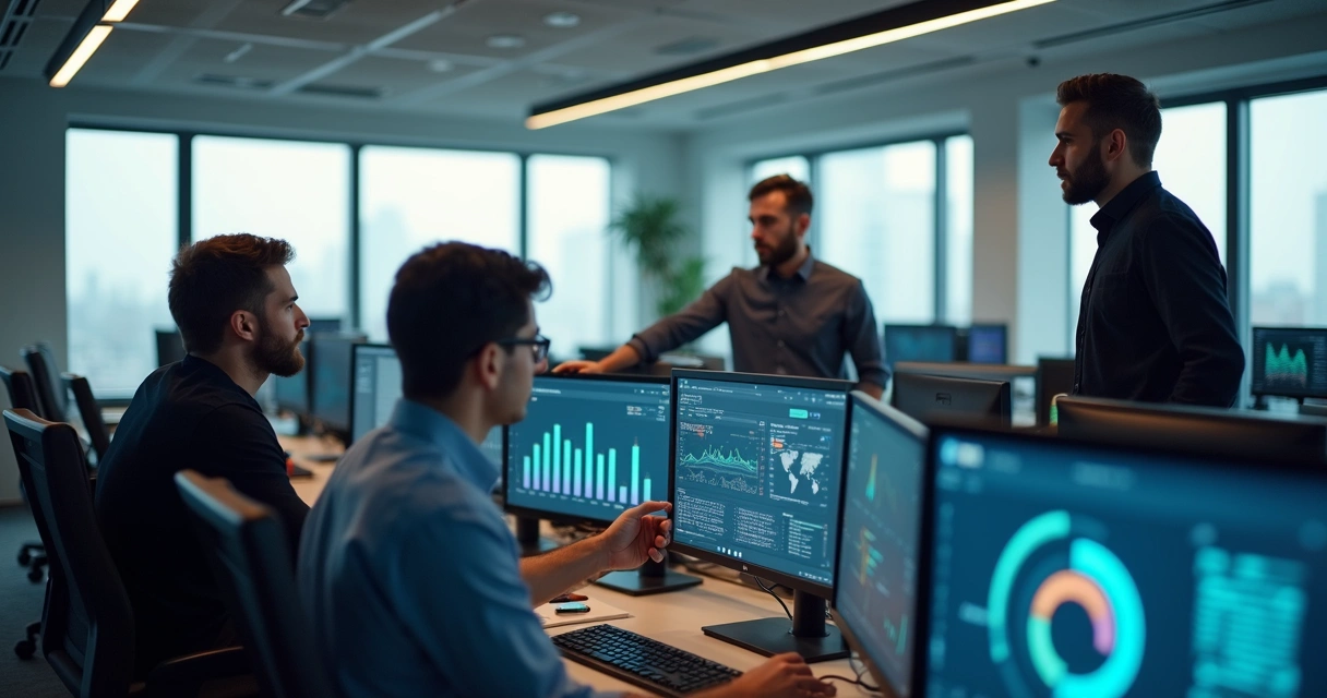 Equipe de escritório observando demonstração de inteligência artificial em computadores 
