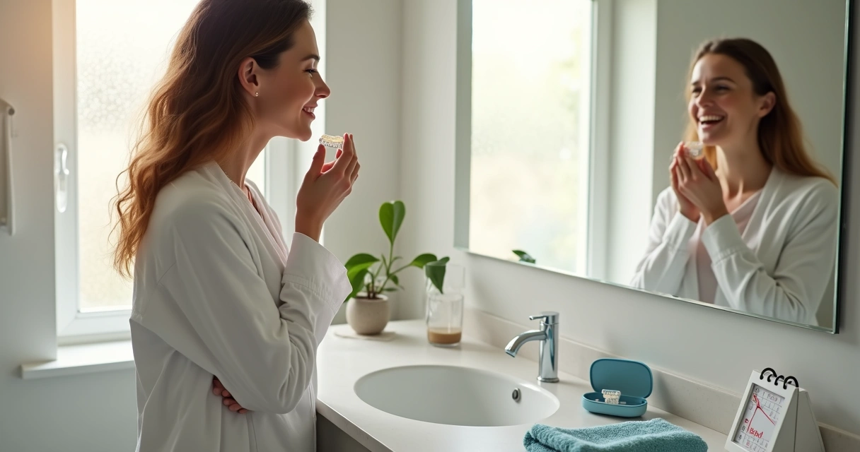 Paciente adulto observando prótese flexível nova no espelho em banheiro claro 