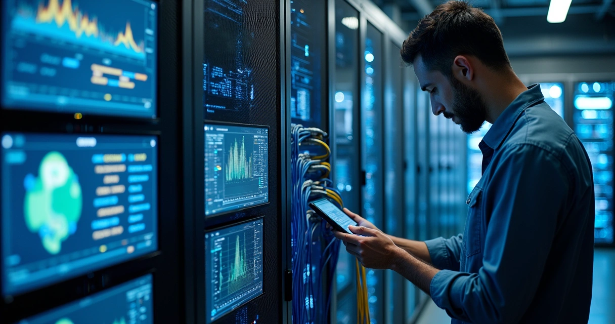 Técnico conectando sistemas em servidor em sala própria de TI 