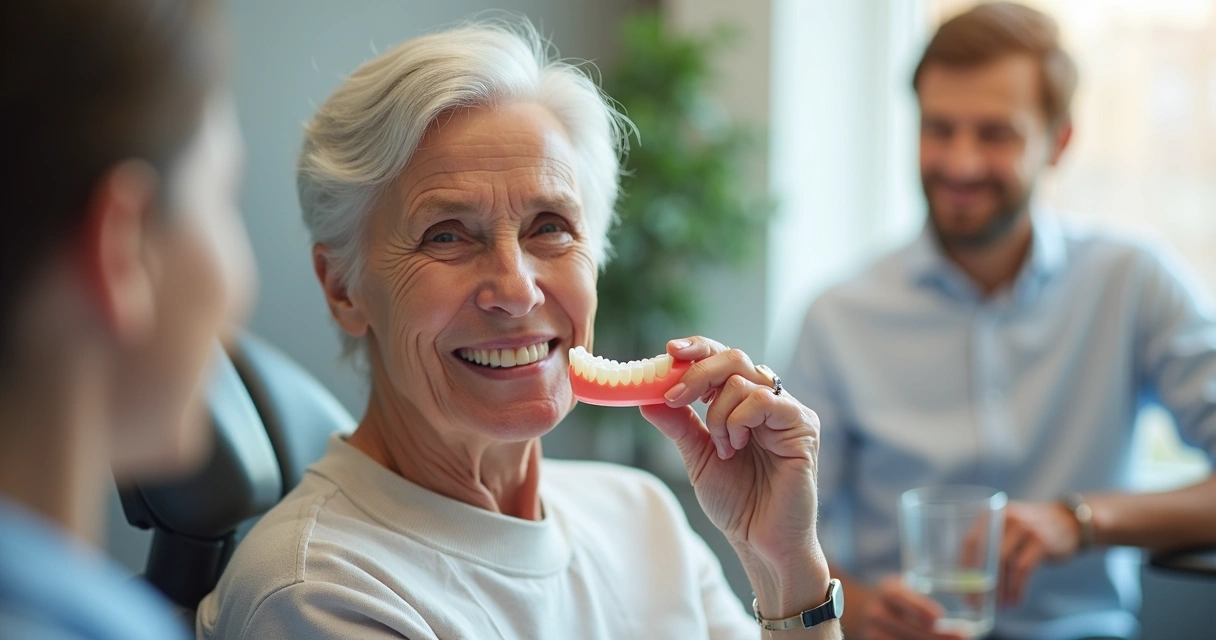 Pessoa mais velha sorrindo enquanto se adapta à prótese total