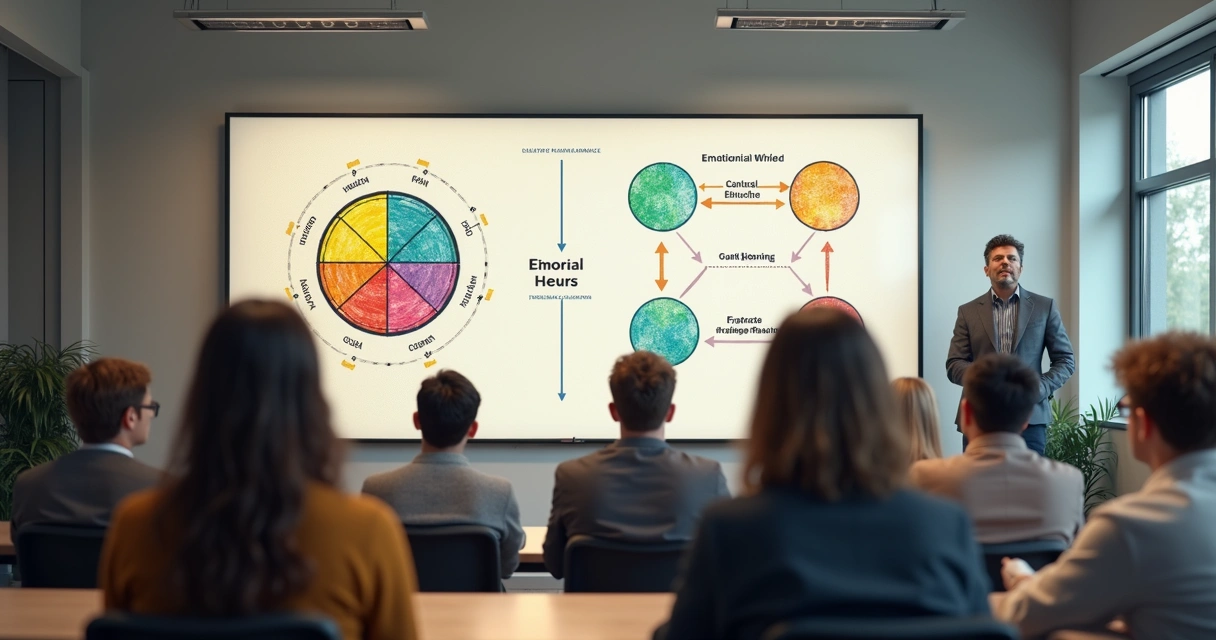 Grupo de personas con expresiones de reflexión, mirando hacia una pizarra con esquemas de emociones y fórmulas 