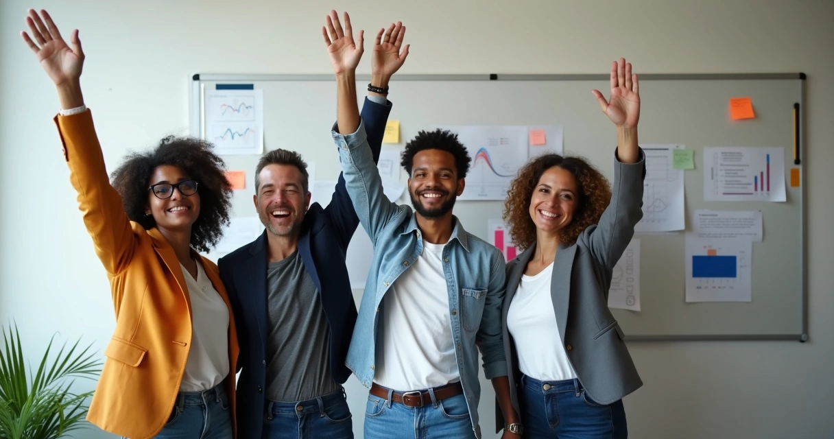 Equipo profesional celebrando un logro juntos