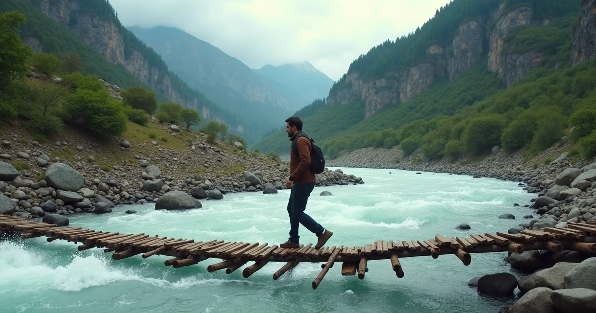 Persona cruzando un puente improvisado sobre un río caudaloso 