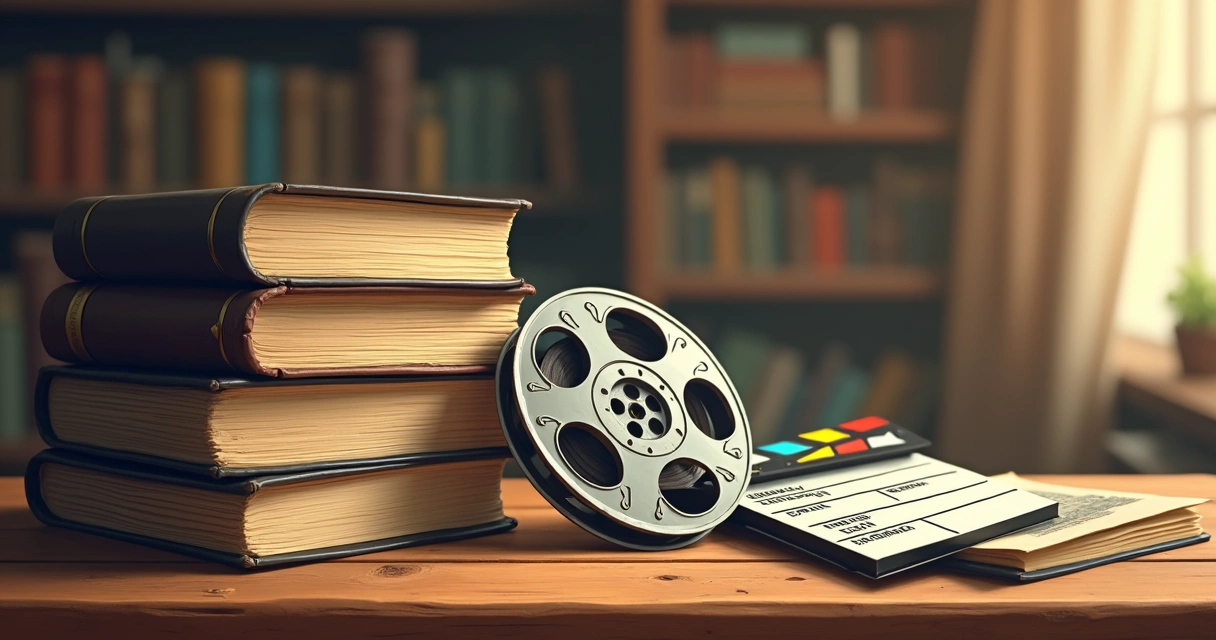 Livros clássicos e rolo de filme lado a lado 