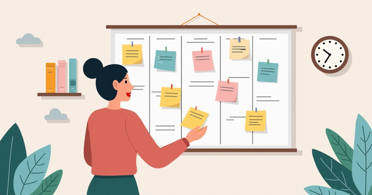 Pessoa reorganizando quadro de tarefas semanais após imprevisto 