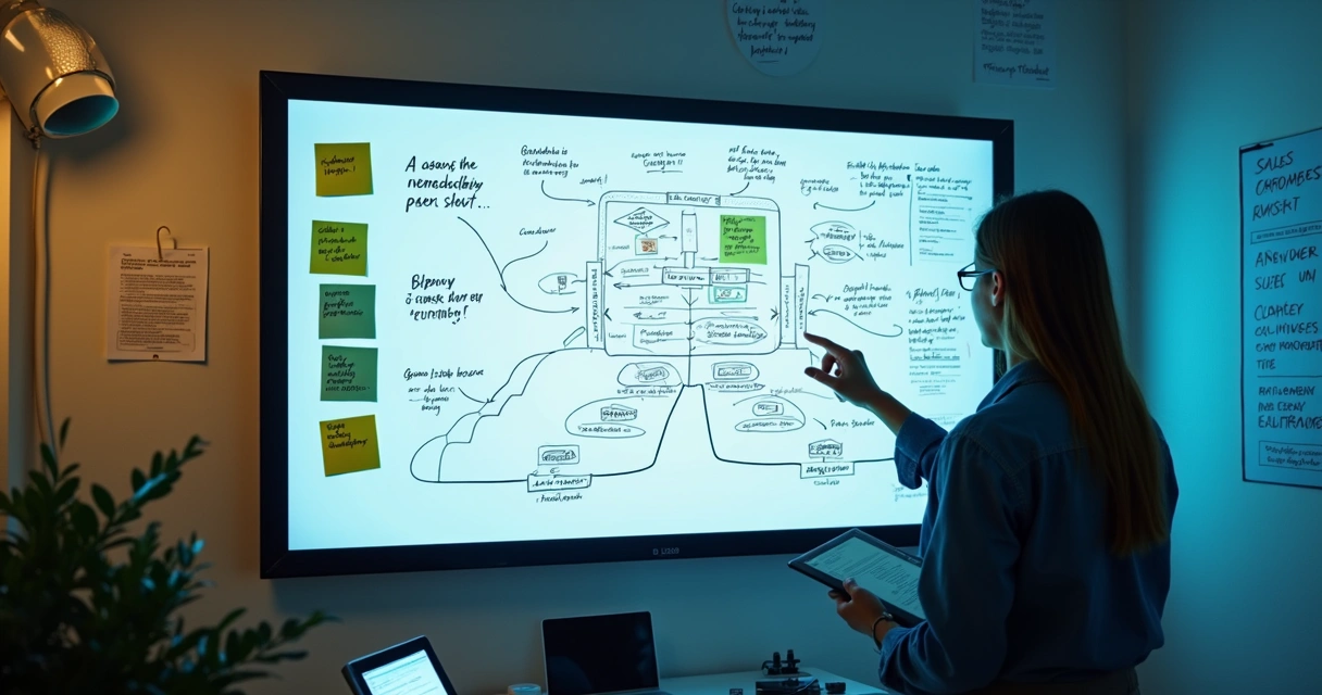 Pessoa revisando estratégias em quadro branco digital 
