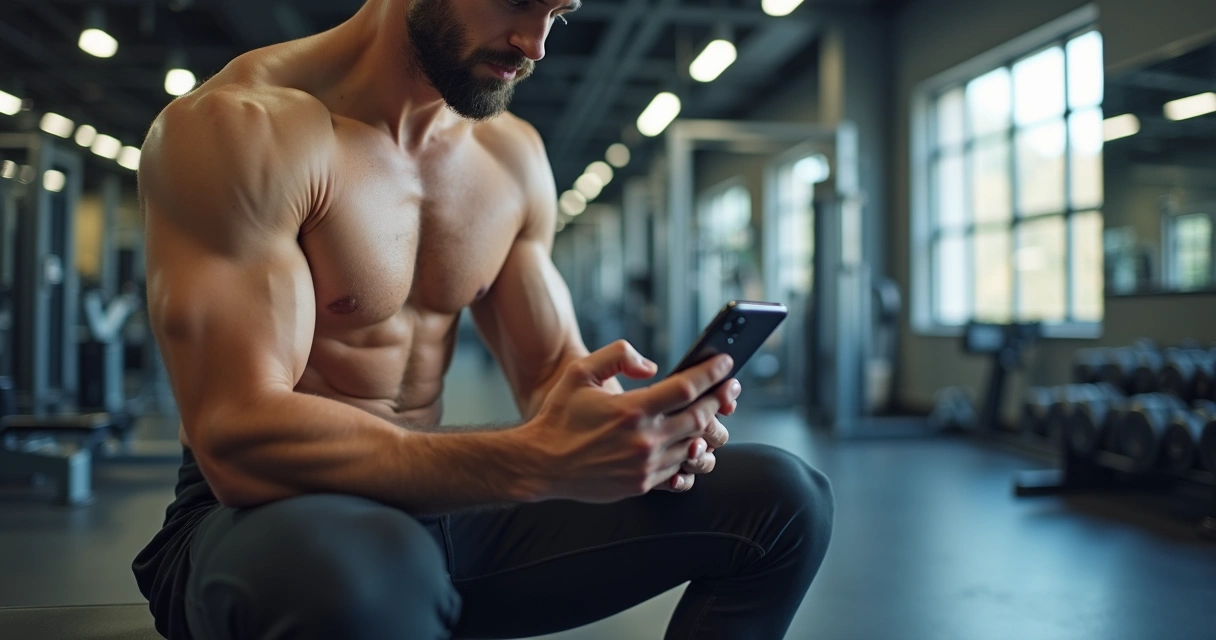 Homem ajustando o aplicativo de treino no celular na academia 