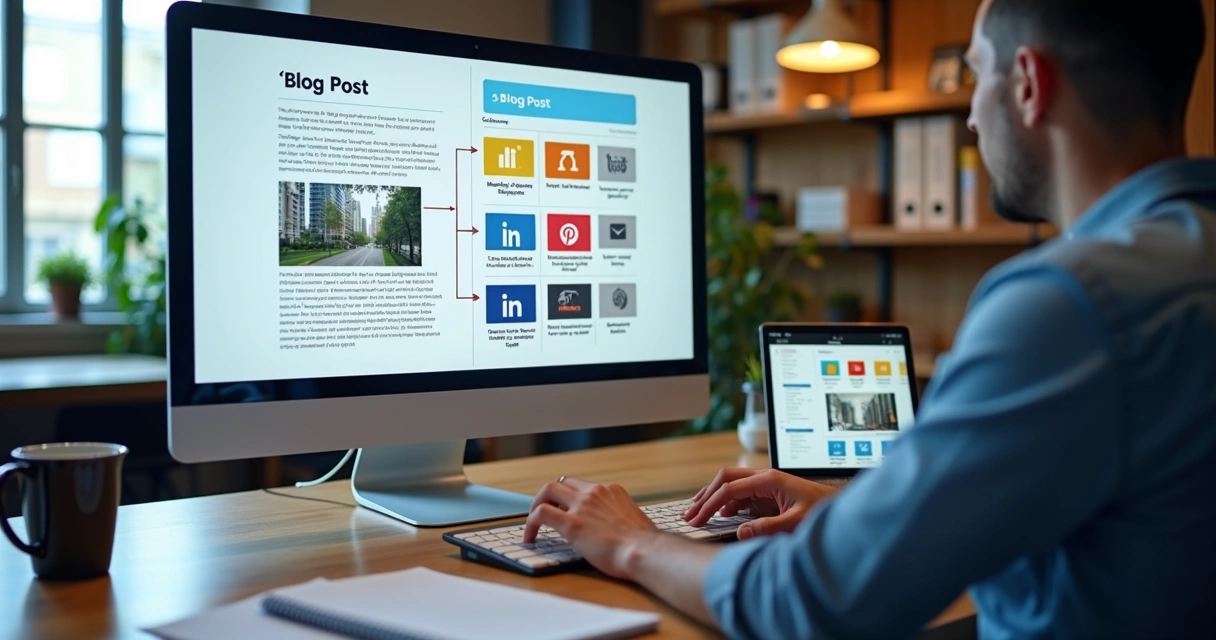 Profissional adaptando artigo de blog em posts para redes sociais em tela de computador 