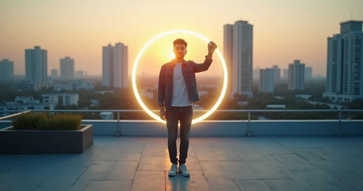 Person adjusting a flexible glowing circle boundary around themselves in a changing city landscape 