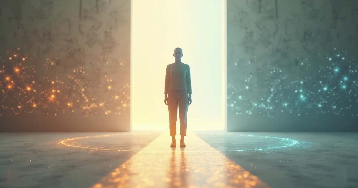 Person at crossroads integrating mind heart and body to make a balanced decision 